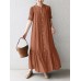 Solid Button Front Ruched Short Sleeve Crew Neck Maxi Dress