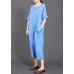 French cotton jumpsuit pants fine blue Solid Color Casual Loose Comfortable Jumpsuit