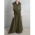 Solid Drawstring Waist Pocket Button Front Maxi Cargo Dress