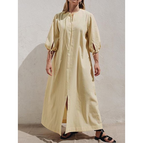 Solid Color Half Sleeves Front Slit Lace  Up Casual Maxi Dress