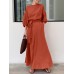 Solid Puff Sleeve Pocket Tie Crew Neck Maxi Vintage Dress