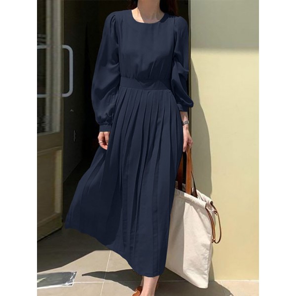 Solid Puff Sleeve Pleated Crew Neck Casual Dress