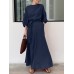 Solid Puff Sleeve Pocket Tie Crew Neck Maxi Vintage Dress