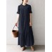 Solid Button Front Ruched Short Sleeve Crew Neck Maxi Dress