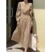 Solid Puff Sleeve Pleated Crew Neck Casual Dress