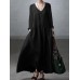 Solid Long Sleeve Pocket V  neck Dress For Women