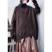 Women high neck chocolate knitted blouse plus size asymmetric hem box top