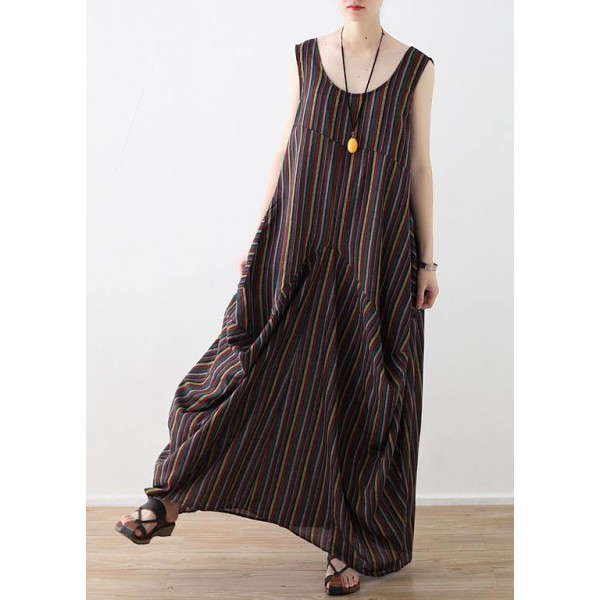 French big pockets cotton dresses yellow green striped Robe Dress summer