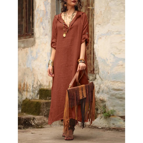 Solid Slit Hem Hooded Long Sleeve Vintage Dress