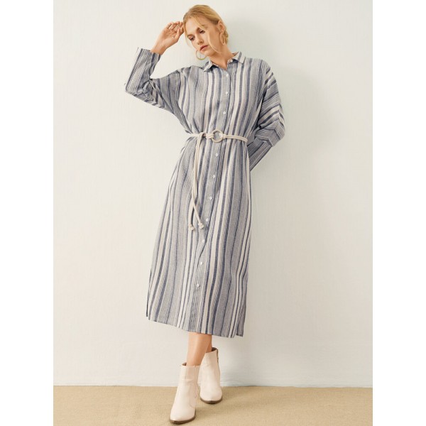 Stripe Pattern Long Sleeve Button Slit Hem Maxi Dress