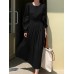 Solid Puff Sleeve Pleated Crew Neck Casual Dress