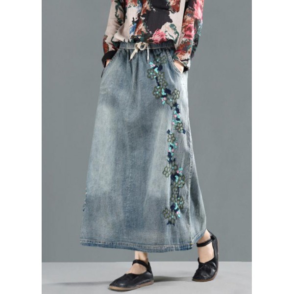 Women Spring Drawstring Hole Embroidery Casual Skirt