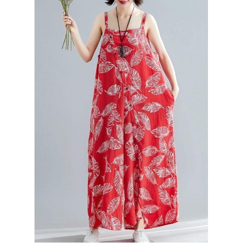 stylish red print cotton carpenter pants loose asymmetric button jumpsuit pants