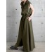 Solid Drawstring Waist Pocket Button Front Maxi Cargo Dress