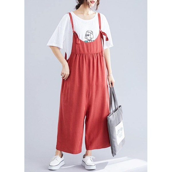 new red casual wide leg pants loose thin fashion straps jumpsuit