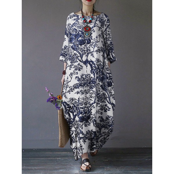 Tree Print Side Pockets O  neck 3 4 Sleeve Cotton Dress