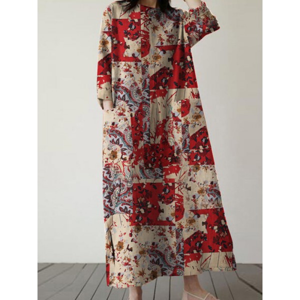 Allover Flower Print Pocket Crew Neck Vintage Dress