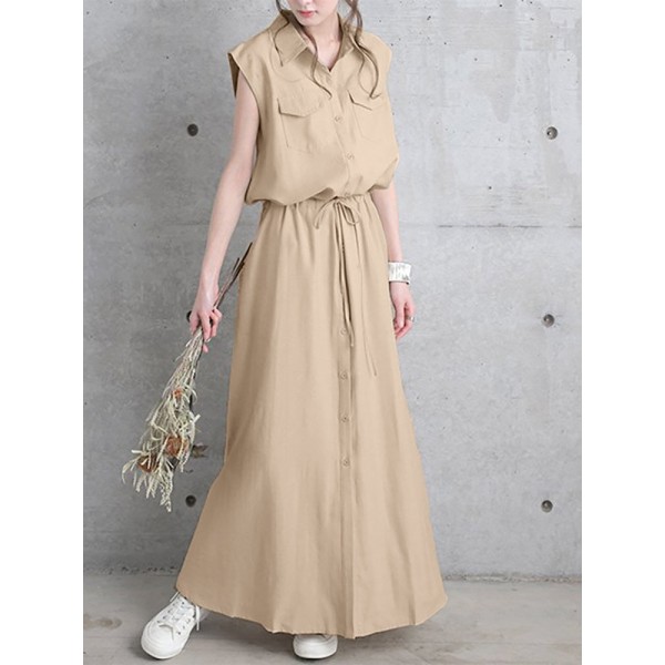 Solid Drawstring Waist Pocket Button Front Maxi Cargo Dress