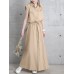 Solid Drawstring Waist Pocket Button Front Maxi Cargo Dress