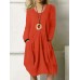 Solid Pocket Long Sleeve Crew Neck Vintage Dress