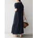 Solid Button Front Ruched Short Sleeve Crew Neck Maxi Dress