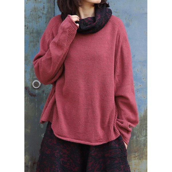 Vintage high neck red sweaters plus size long sleeve clothes For Women