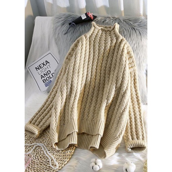 Vintage beige knitted pullover low high design plus size clothing half high neck knit sweat tops