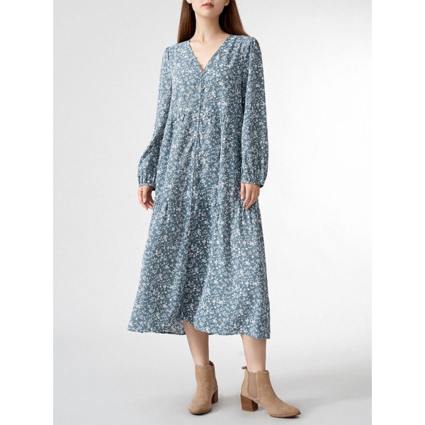 Allover Floral Print Button Front V  neck Long Sleeve Dress