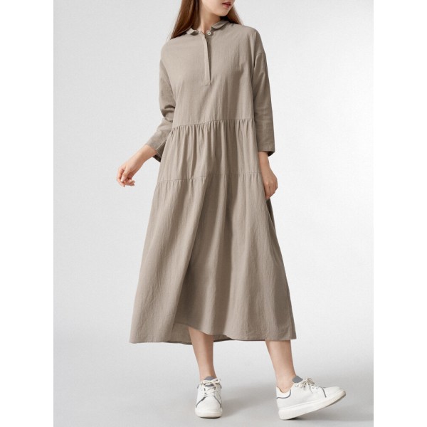 Solid Lapel Button Loose Vintage Dress For Women