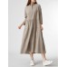 Solid Lapel Button Loose Vintage Dress For Women