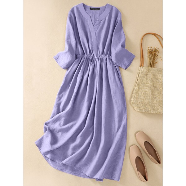 Solid Long Sleeve Elastic Waist Maxi Dress